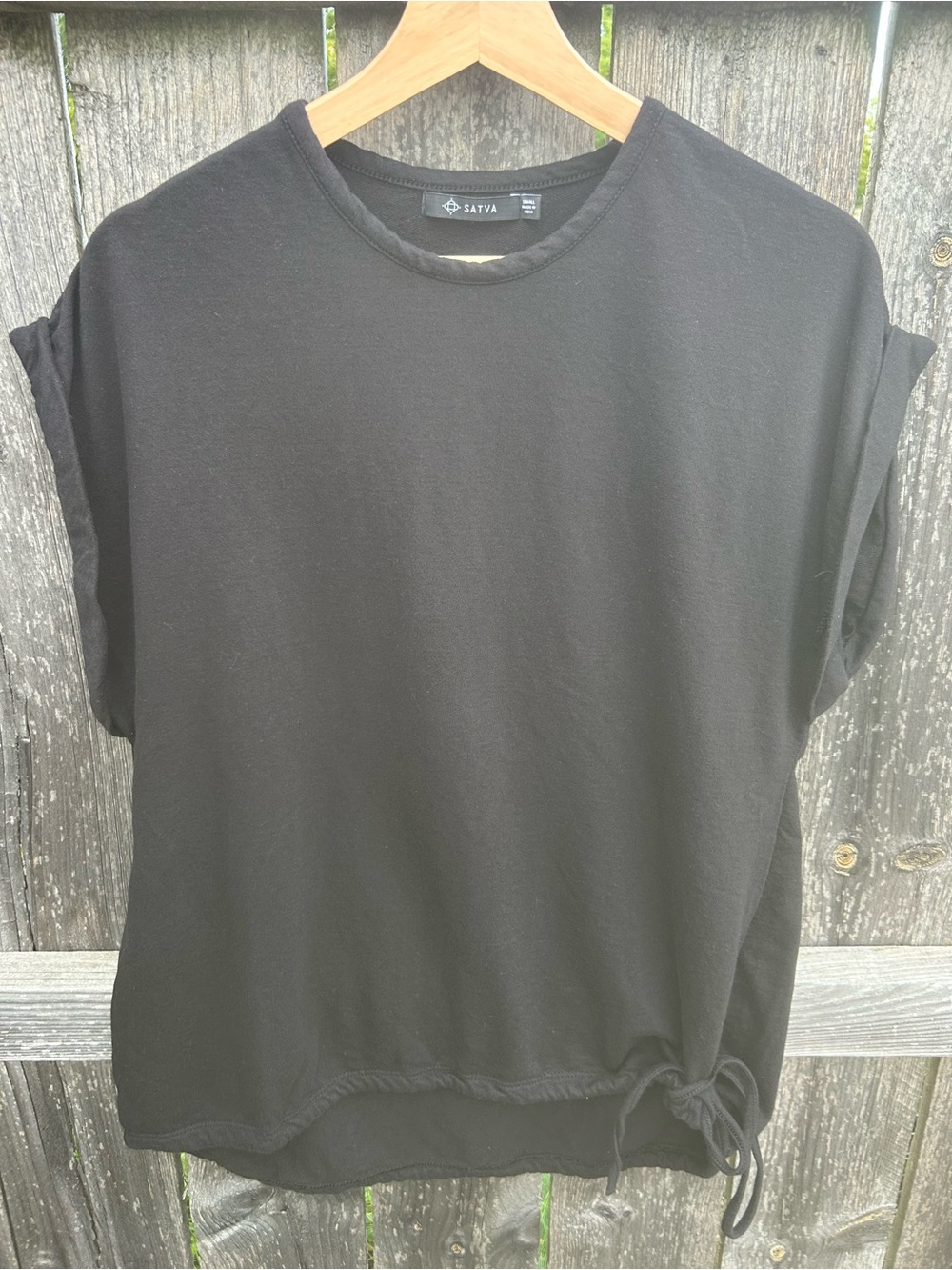 SATVA Black Organic Cotton Side Tie Drawstring Top Cuffed Sleeve S